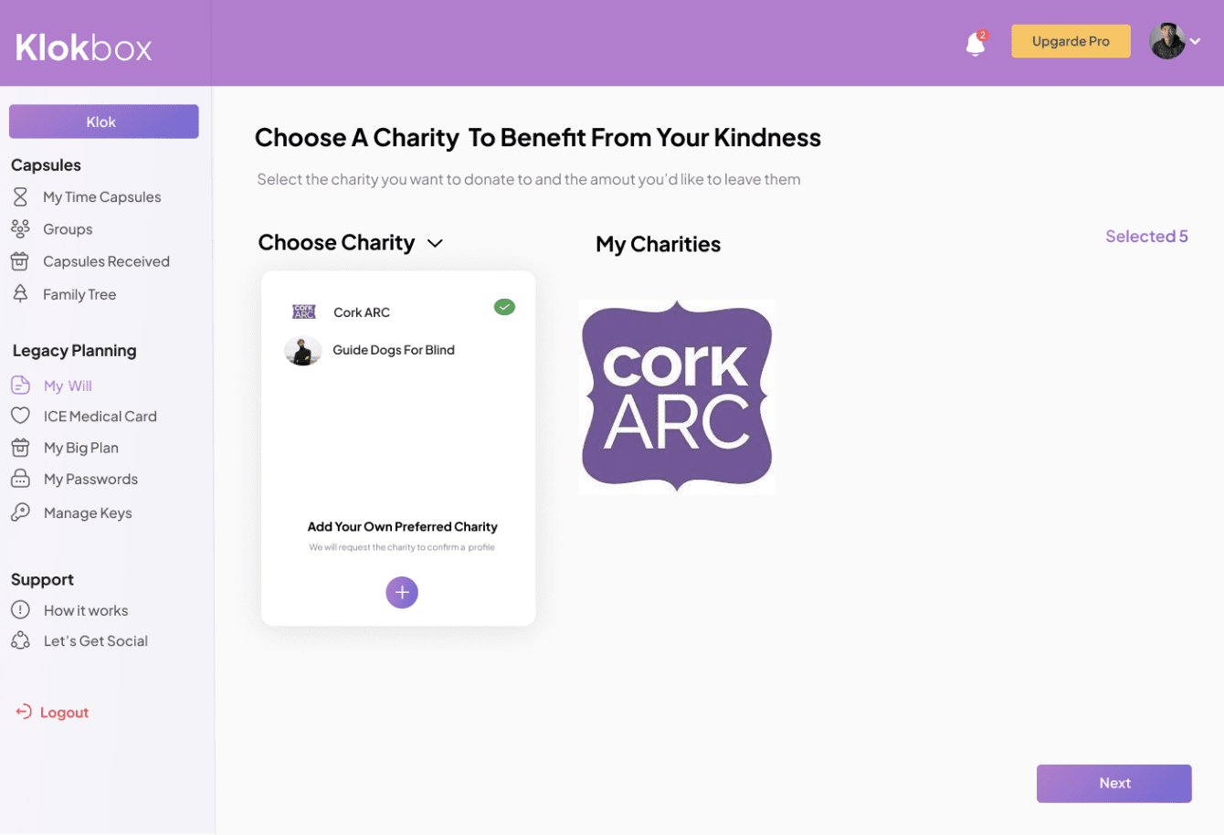 Legacy planning charities on Klokbox