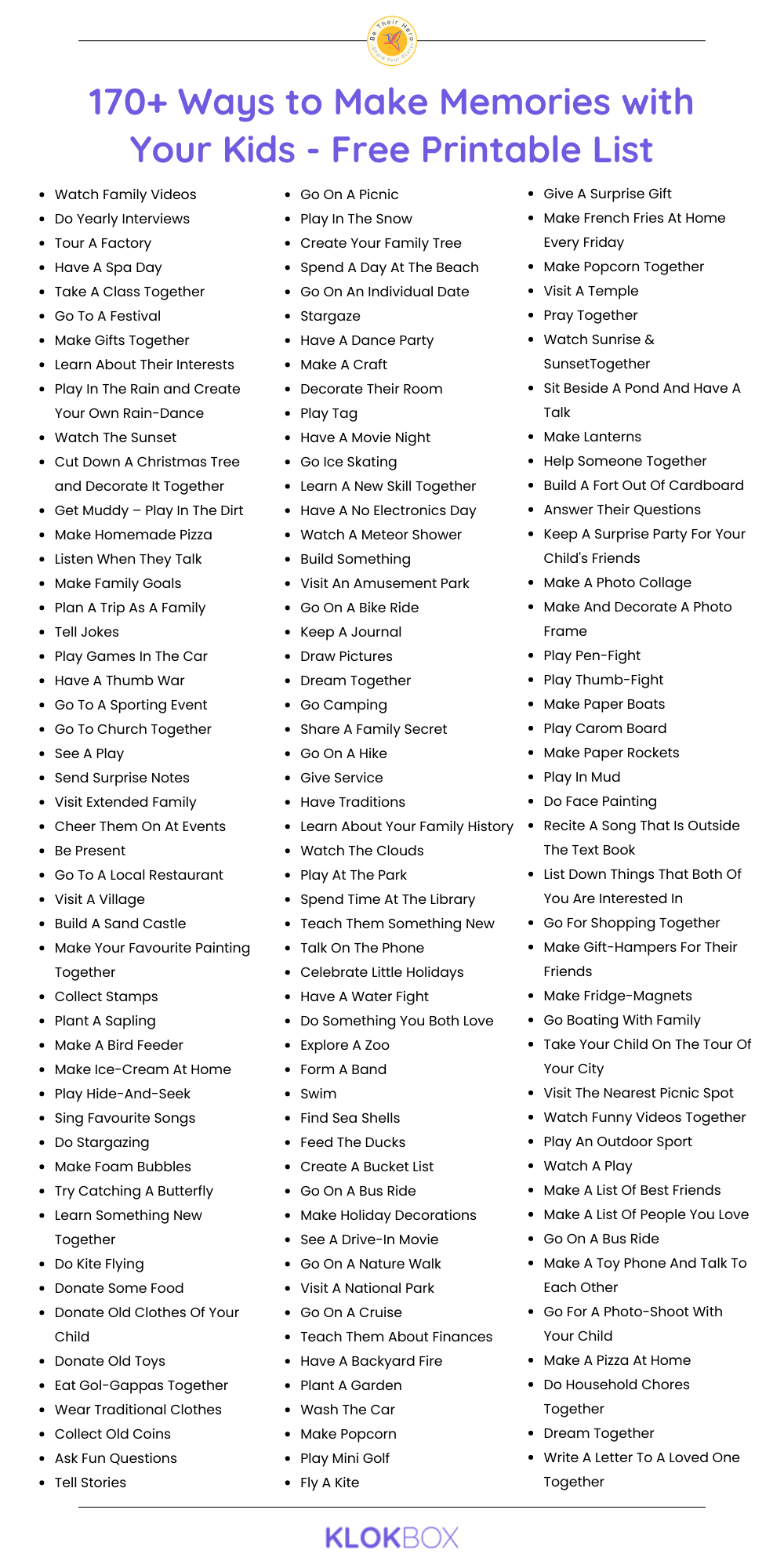 170+ Ways to Make Memories with Your Kids - Free Printable List