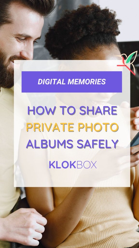 Excited Couple Discovering Private Album Sharing – A young couple reacts with amazement while looking at a smartphone, set against a vibrant yellow background with bold text: "How to Share Private Photo Albums Safely – Klokbox." The image also features "Download Now" buttons for Google Play and the App Store, promoting the Klokbox app. How to Share Private Photo Albums Safely