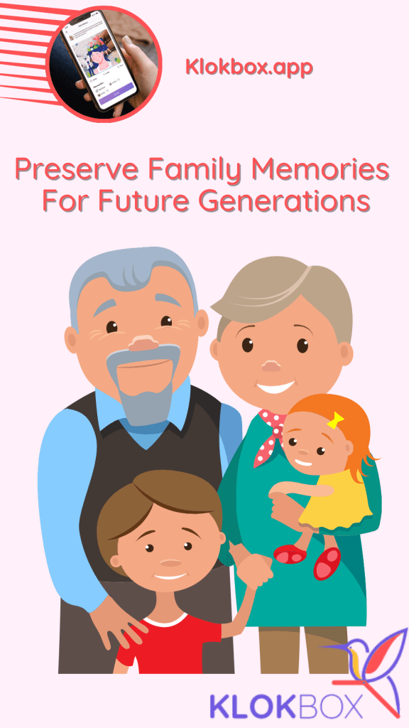  An illustration promoting Klokbox, showing a smiling multi-generational family—a grandfather, grandmother, young boy, and a little girl in a yellow dress. Above them, the text reads, "Preserve family memories for future generations," with a Klokbox logo and an inset showing a hand holding a phone displaying the app interface. The Best Way to Preserve Family Memories for Future Generations
